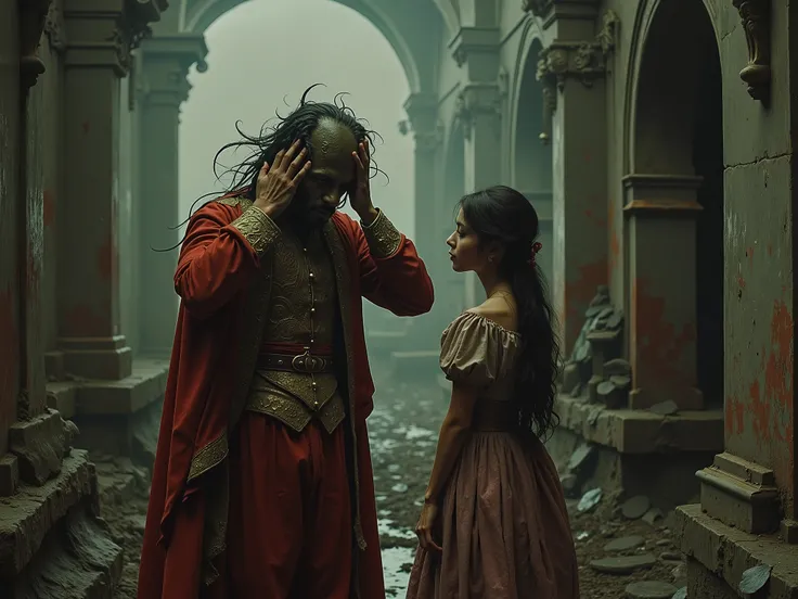 a man dressed as a court fool haunted by the madness of a cosmic entity, he has her hands on his head next to him a woman looks at him curiously and the environment brings a sense of madness and cosmic decay