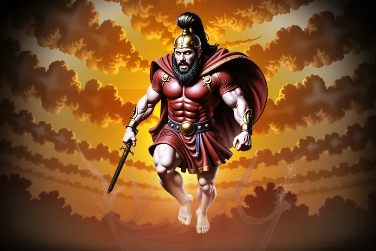 Ares, the Greek god of war, descends from the heavens engulfed in swirling flames and divine fury. His body is muscular and glows with the polished sheen of gold, each muscle sculpted with anatomical precision. He wears a bronze Corinthian helmet with a da...