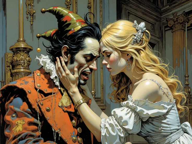 a man dressed as a court fool in a state of madness and a beautiful blonde woman holding his face