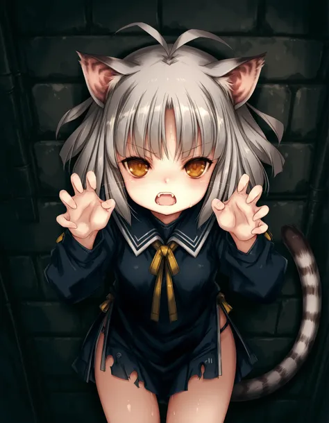 Hitomaru,, 1girl, petite, (skinny and frail:0.7), cat girl, against wall, stone wall, brown eyes,looking at viewer, grey hair, medium hair, messy hair, angry, (scared:0.4), (open mouth:0.5), fangs, hands up, (tearing up:0.5), tail raised, torn clothes, str...