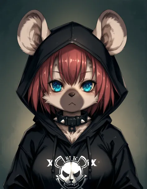 Hitomaru,, 1girl, solo, anthro hyena, furry, furry female, blue eyes, punk, grey fur, black hoodie, breast, spike collar, red hair,
