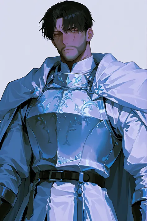 A grand duke ,  short black hair ,  middle-aged , Bearded , toned muscles, left eye scar, wearing white royal armor.