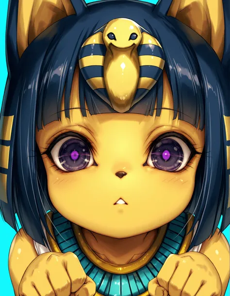 Hitomaru,, depth of field, 1girl, furry, ankha \(animal crossing\), expressionless, eye reflection, yellow background, yellow theme, blue background, desert,, purple eyes, glowing eyes, wide-eyed, paw pose, looking at viewer, close-up, parted lips,