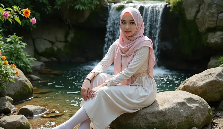 A beautiful young woman, moslem, wear hijab, long dress, wearing long thigh socks covering her foot, sitting on a rock facing camera. A small waterfall with crystal-clear water cascading over rocks covered in green moss. Colorful flowers bloom near the wat...