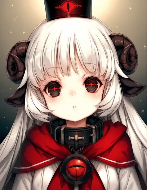 Hitomaru,, masterpiece, best quality, very aesthetic, 1girl, solo, cult of the lamb, sheep girl, collar, horizontal pupils, red/black eyes, red crown,