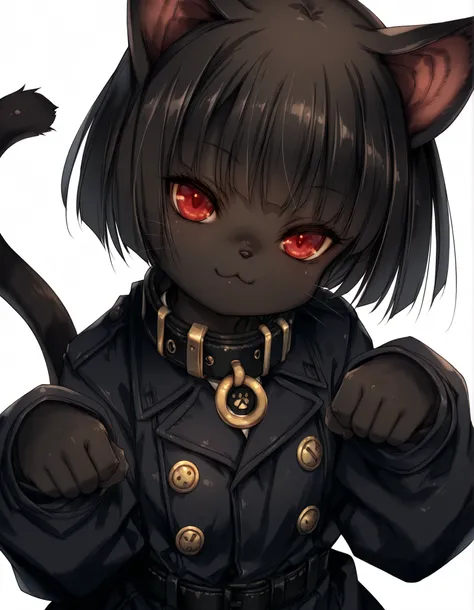 Hitomaru,, masterpiece, best quality, very aesthetic, 1girl, solo, white background, looking at viewer, portrait, paw pose, :3, furry female, cat girl, animal ears, black hair, short hair, black skin, red eyes, cat tail, black jacket, buttons, long sleeves...