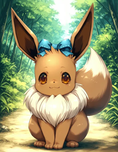 Hitomaru,, pokekid, eevee, fluffy girl, furry girl, female, smile, smiling, has a big pretty bow in her hair, has animal paws for hands, 1girl, best quality, outdoors, high definition, cute,
