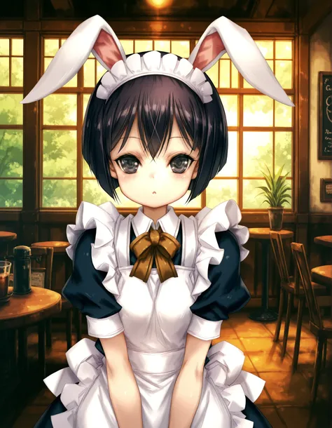 Hitomaru,, solo, Maya Hell,black eyes,dark hair,bob cut,Maid Outfit、White Apron、White Headdress、 with rabbit ears、cafe,