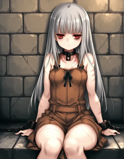 Hitomaru,, stone wall background,1girl, solo, (red eyes), choker, shackles, chains, cowboy shot, open legs, sitting, feet, toes, hands on the sides, OverallDetail, komekko,, (masterpiece, best quality, absurdres), 1girl, solo, small breasts, dark gray hair...