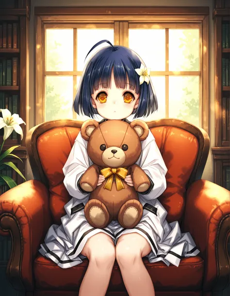 Hitomaru,, A soft, natural light portrait photograph of Lily, a young girl with rosy cheeks and bright, curious eyes, holding a well-loved teddy bear. She sits comfortably in a vintage armchair, a gentle smile gracing her lips as she gazes directly towards...