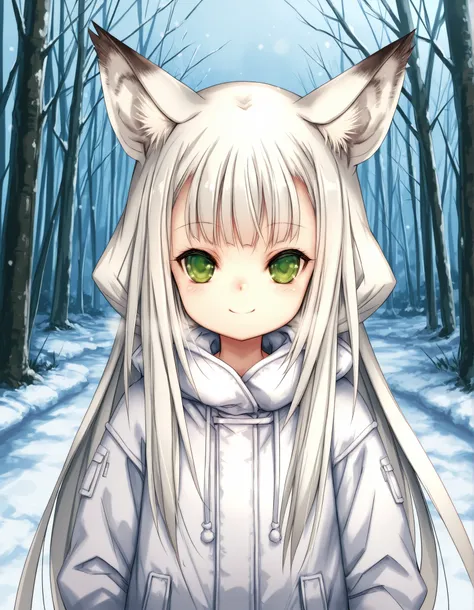 Hitomaru,, anime, solo, BREAK, young fox girl, skinny and frail, (petite,cute:0.5), green eyes, looking at viewer, long hair, white hair, smile, winter clothes, outdoors, winter,