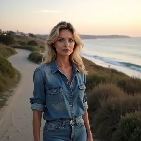 A professional photo of Michelle Pfeiffer, professional lighting. She is walking along a pathway near to a seashore. It is an early morning, the dawn is at the background. She wears denuim