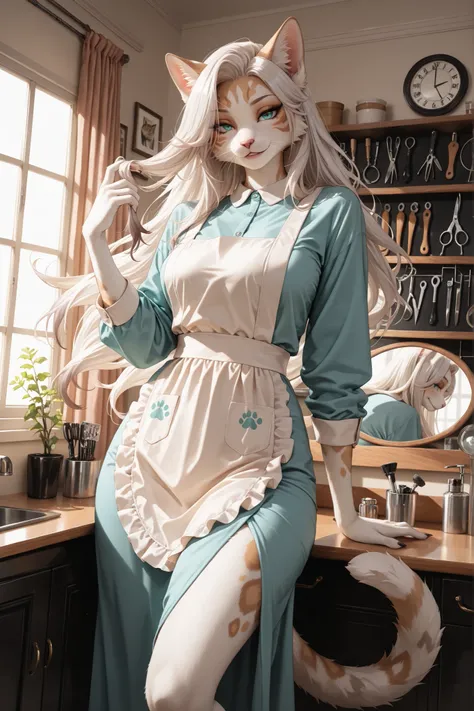 (masterpiece, detailed:1.2), semi-realistic, hyper-detailed, (female anthro cat, Anthropomorphic cat, sexy cat, furry female cat), fierce, gradient hair, sexy face, seductive smile, Seductive expression, beautiful detailed eyes, aqua eyes, thick and long e...