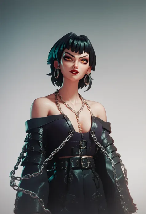 A k-pop demon hunter character. A woman with long and wavy black hair. Baggy clothes, black/purple/green. Many silver jewelry/chains. Evil,