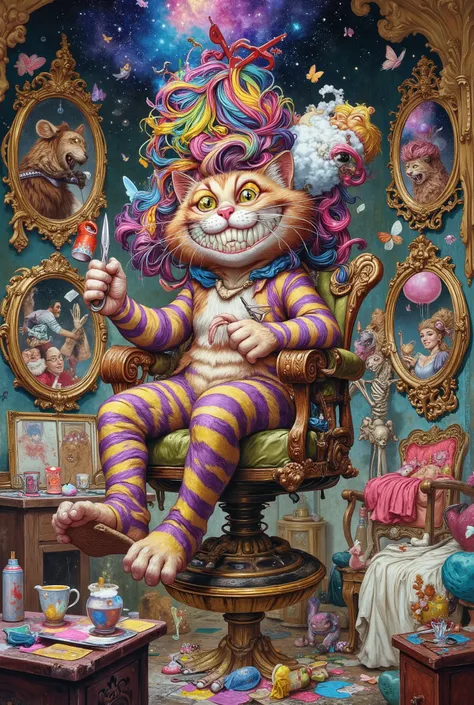 The Cheshire cat is a hairdresser in a surreal anime chaos! He sits in a floating hairdressing chair, which is held aloft by giant scissors and a comb. His fur shimmers with neon stripes, and his smile stretches to an incredible size, exposing rows of tiny...