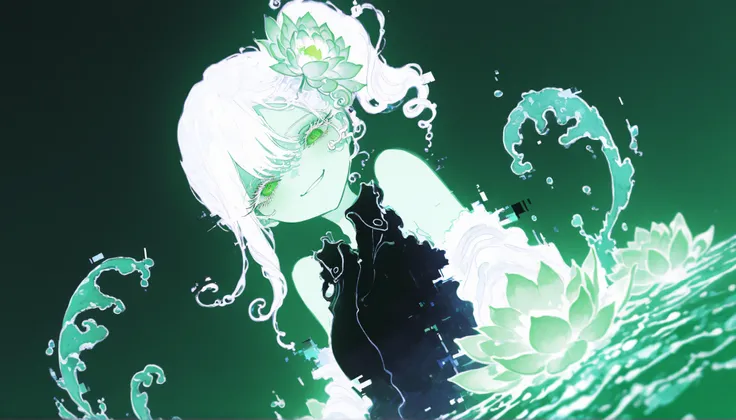 Side view, Wriggling body, Smirking, Masterpiece, Top quality, Amazing quality, Absurd, Super detailed, Very beautiful, Latest, 1 girl, Green eyes, White hair, Side ponytail, Medium bust, Expressionless, Flower in hair, Lotus flower, Collared dress, Black ...