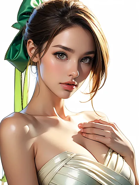 top quality, masterpiece, super high resolution,
shining green hair 1 woman, Type, Slim, tall, beautiful,brown hair,brown eyes,
white neck knit dress with side slits, More about the bow, Fitted Silhouette, petite length, Soft cloth texture, cream white,
th...