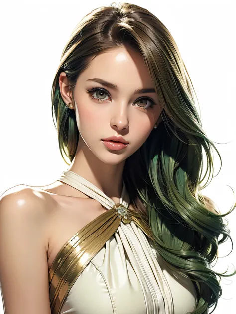 top quality, masterpiece, super high resolution,
shining green hair 1 woman, Type, Slim, tall, beautiful,brown hair,brown eyes,
white neck knit dress with side slits, More about the bow, Fitted Silhouette, petite length, Soft cloth texture, cream white,
th...