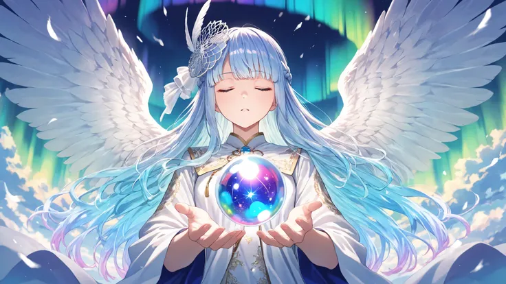 girl, solo, blue hair, ((gradient hair from light blue to blue:1.4):0.4), shiny hair, long hair, french braid, hair blowing in the wind, detailed eyes, closed eyes, fascinator platinum feather decoration,
break, white celestial robe, platinum glittering e...