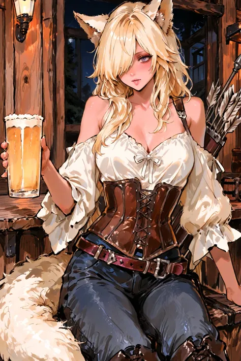  The blond werewolf girl is a wolf hybrid. She has longest messy fluffy blonde hair with fluffy bangs over one eye, hiding half of her face. She has a long fluffy blonde wolf tail and big wolf ears on her head. She has pink-ember eyes. She has dark tanned ...