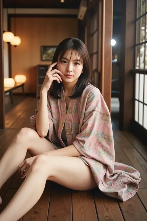 A、A young woman in a short yukata sits on the wooden floor、Illuminated by the soft light of lanterns。Her chest is revealed from a loose yukata。Japanese style architecture、Traditional Wooden Architecture、Shoji door、summer night、Steam Can Get In、moist atmosp...