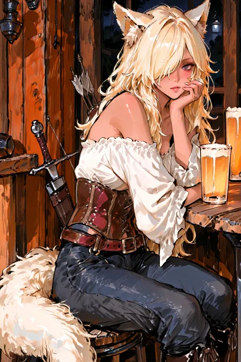  The blond werewolf girl is a wolf hybrid. She has longest messy fluffy blonde hair with fluffy bangs over one eye, hiding half of her face. She has a long fluffy blonde wolf tail and big wolf ears on her head. She has pink-ember eyes. She has dark tanned ...