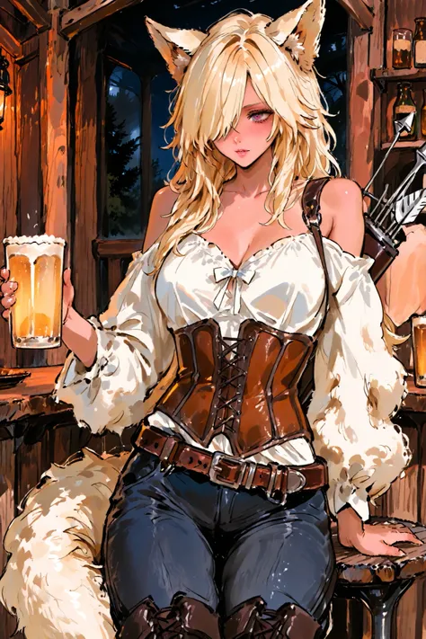  The blond werewolf girl is a wolf hybrid. She has longest messy fluffy blonde hair with fluffy bangs over one eye, hiding half of her face. She has a long fluffy blonde wolf tail and big wolf ears on her head. She has pink-ember eyes. She has dark tanned ...