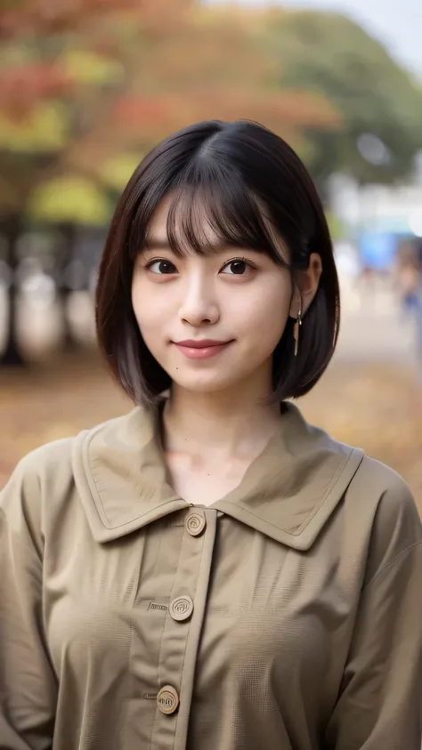 (masterpiece, best quality, perfect anatomy, highres, 8k, realistic, photorealistic, natural skin texture, no makeup:1.2), 1girl, solo, Japanese, age20, very cute, (cowboy shot), erogao, jp idol, tanukigao, shy smile, large breasts, (perfect figure), autum...