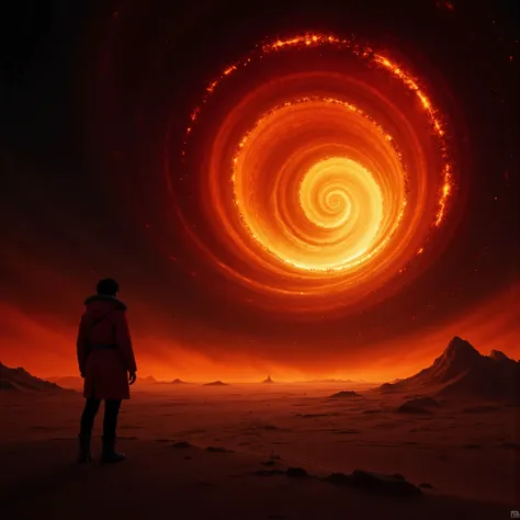 a lone figure stands on a surreal alien desert, staring into a gigantic fiery vortex swirling in the sky, glowing with burning orange and deep crimson, surrounded by cosmic particles and dark dust clouds, dramatic lighting casting long shadows on the textu...