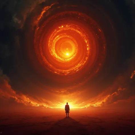 a lone figure stands on a surreal alien desert, staring into a gigantic fiery vortex swirling in the sky, glowing with burning orange and deep crimson, surrounded by cosmic particles and dark dust clouds, dramatic lighting casting long shadows on the textu...