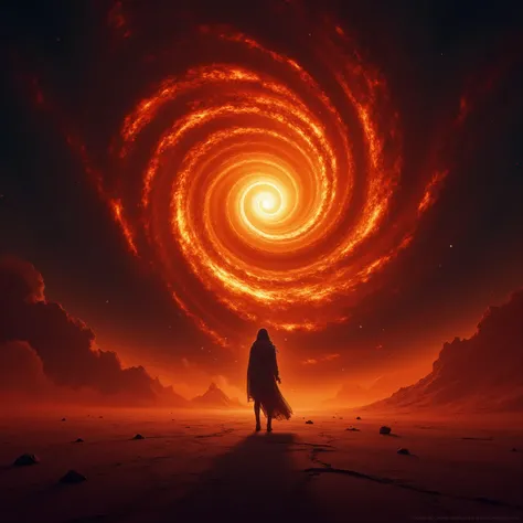 a lone figure stands on a surreal alien desert, staring into a gigantic fiery vortex swirling in the sky, glowing with burning orange and deep crimson, surrounded by cosmic particles and dark dust clouds, dramatic lighting casting long shadows on the textu...