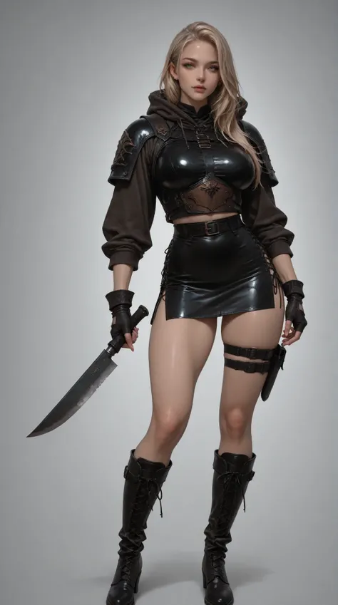 womanhood,  Leather Armor, leg knife sheath, leather boots, fingerless gloves, Tight Miniskirt, Lace-up Slit, 