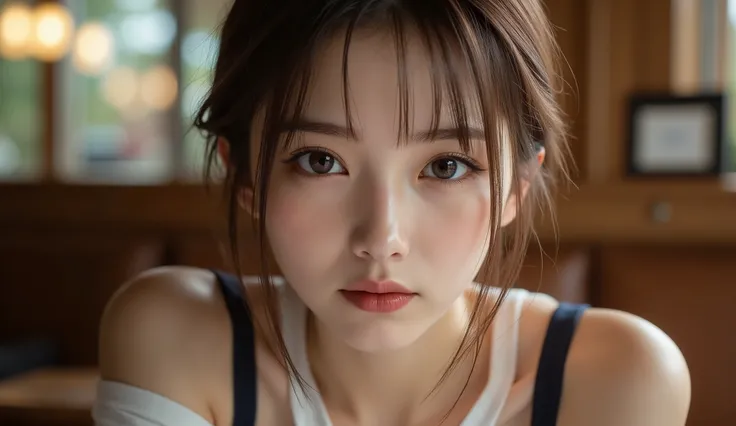 8k,super high resolution , top quality, Masterpiece,rule of thirds,golden ratio,surreal,Picture, one woman,shiny brown hair , short hair, ( beautiful brown eyes、shining eyes, fine particles)、( sensual expression:1.5)、 super detailed eyes、 highly detailed f...