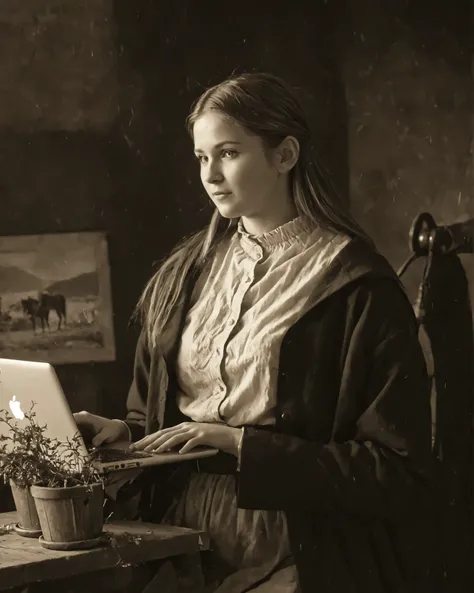 A modern young adult woman holding a MacBook, casual contemporary outfit, relaxed playful expression, looking slightly off-camera, sharply detailed MacBook visible and clearly modern (focus on the laptop and her modern clothing:1.4), in a late 19th century...