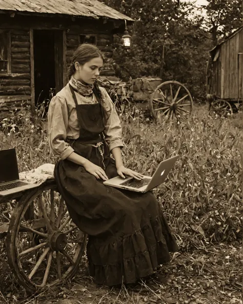 Main subject: a modern young adult woman holding a MacBook, casual contemporary outfit with subtle frontier touches — a faded cotton kerchief loosely tied around her neck, a simple lightweight apron overlay draped over her skirt edge, slightly roughened ha...
