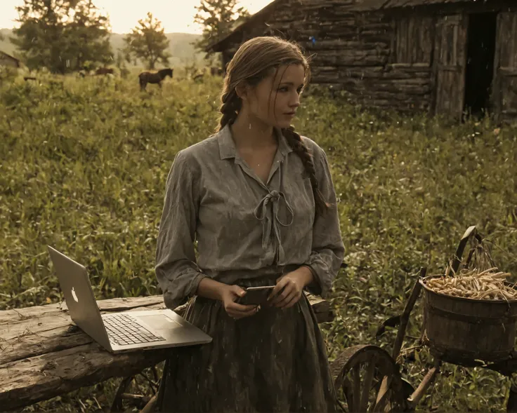 Main subject: a modern young adult woman holding a MacBook, casual contemporary outfit with subtle frontier touches — a faded cotton kerchief loosely tied around her neck, a simple lightweight apron overlay draped over her skirt edge, slightly roughened ha...