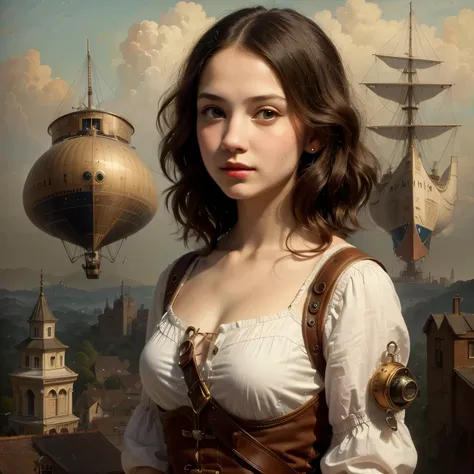 401 ((A 17-year-old woman )),(short hair),(Neat hair),(Ultra High Definition),(Airship Pilots),( Steampunk Airship ),(Leonardo da Vinci Style Paintings)