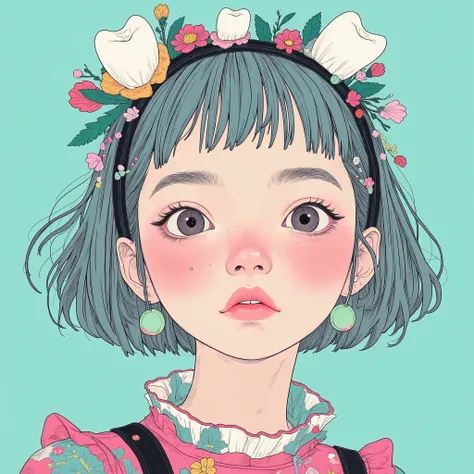 It is illustrated by a stylish woman, in drawn 。Striking graphic elements. Her short, ウェーブのかかった髪teeth、, flowing lines , teeth、Mainly white、subtle shades of gray, teeth、It creates an intricate teXture. 彼女の目teeth閉じている, 。creates a gentle and introspective a...