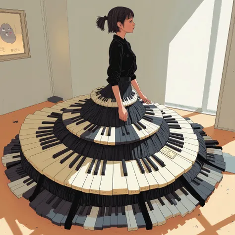 from above、Artistic overlay that slides out of a、Ingenious fashion design, spirally arranged piano keyboard dress, black and white color scheme , Layered Skirt, Score Details, Well-matched top, Thin Willow Artistic Poses, profile, looks into the distanc...