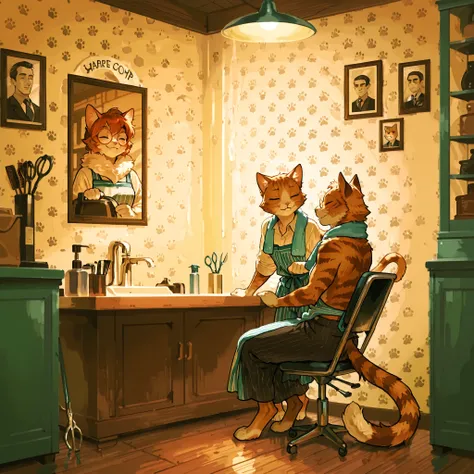 Inside a cozy, stylish feline barbershop, an anthropomorphic cat barber is carefully trimming the fur of another humanoid cat seated in a vintage barber chair. The barber wears a striped apron, tiny round glasses, and has a curled fur mustache. He holds sh...