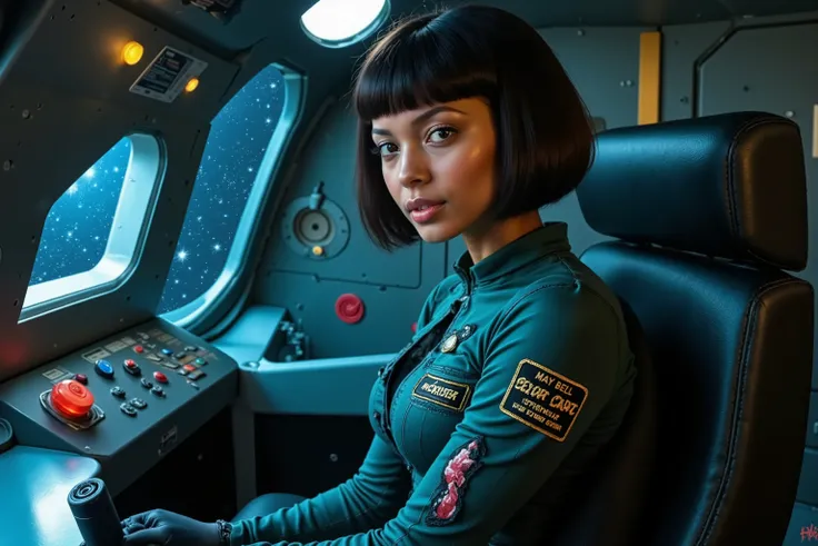A high-resolution, professional photograph of a beautiful African woman with smooth brown skin, short sleek black bob-cut hair, and warm brown eyes. She is wearing a futuristic, form-fitting, low-cut teal-colored space pilot jumpsuit with soft textures and...