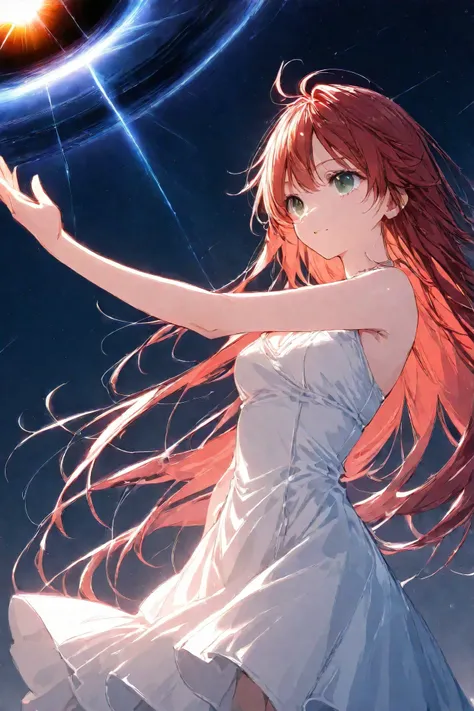 black hole、Red hair、Dark green eyes、Rin々Seems、 Blue Moonlight 、white dress、super long hair、30 years old、HIGH DEFINITION、up