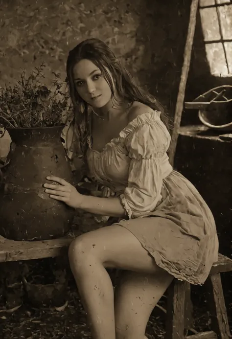 late 19th century American frontier girl, sepia tone, faded colors, heavy film grain, scratched and creased edges, soft vignetting, slight blur, high contrast, vintage silver gelatin print style, full‑body view of a seductive pioneer girl with a lean physi...