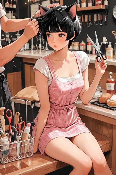young woman with cat ears works at a barber shop、Male customer's hair cut with scissors、