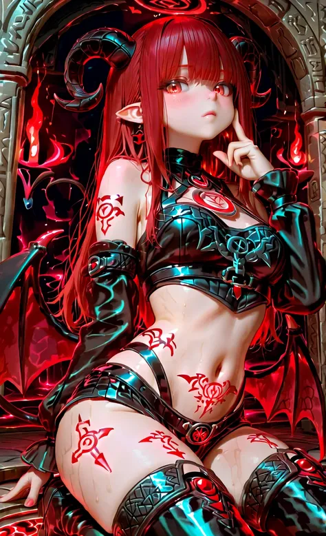 A cute succubus kneeling playfully on a summoning circle, poking her own cheek while staring at the viewer. She wears a cropped magical top with runes and thigh-high boots. Background: ancient ritual chamber with glowing symbols. Low angle frontal 3/4 body view, soft gloss on skin and outfit.