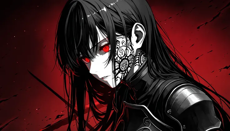 (Side view), (top quality: 1.5), (masterpiece: 1.5), (2.5D), (vibrant colors), (clear proportions), (perfect anatomical structure), (figure in the center), (4k wallpaper), (strong red background), (dramatic contrast), (harmony of light and shadow), close-u...