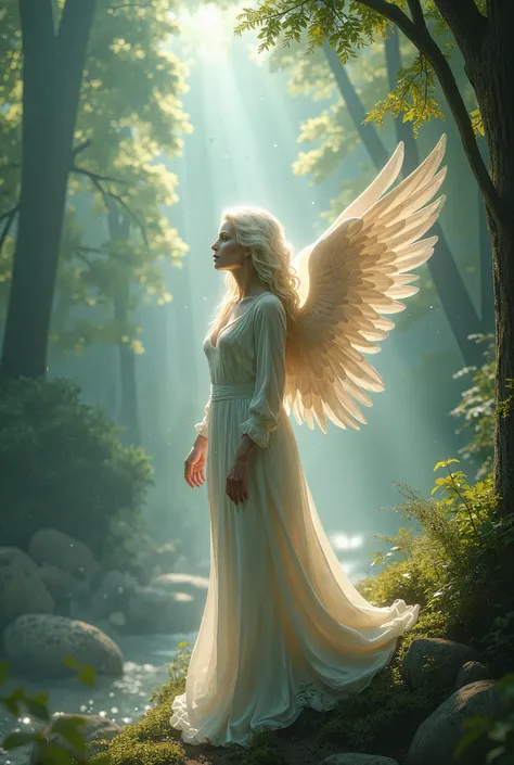 initialize, (masterpiece, top quality:1.2), 1 woman with glowing green hair, solo, angels,  three-dimensional bird's-eye view , forested city background, Detailed,