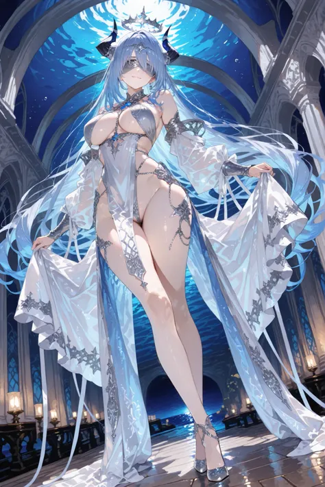 A beautiful fantasy woman with long flowing blue hair, wearing a grey blindfold. (((Dynamic pose))) She has large breasts with buttocks. She is dressed in a very revealing white and silver outfit with a high-cut design, metallic ornaments on her hips and t...