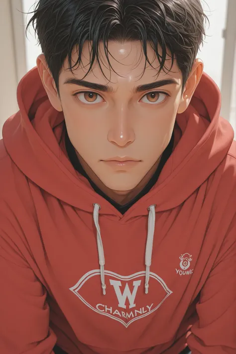 masterpiece, best quality, 4k, 1 man, short black hair, warm brown eyes, athletic build, red hoodie with a W logo, charming, handsome, close-up,, young
