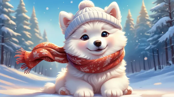 A cute puppy Samoyed wearing a winter hat and scarf, fantasy, cartoon, Disney, pixar, realistic style, concept art,, Style AI Midjourney